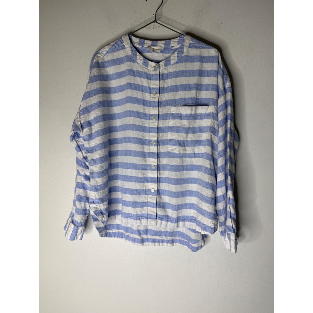 Lou & Grey Blue White Striped 100% Linen Band Collar Button Down Shirt Medium